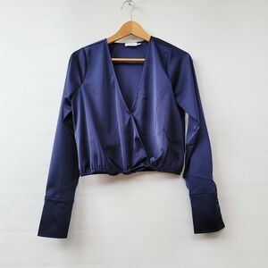 Good American Long Sleeve Stretch Satin Faux Wrap Top Womens XS Navy Blue French